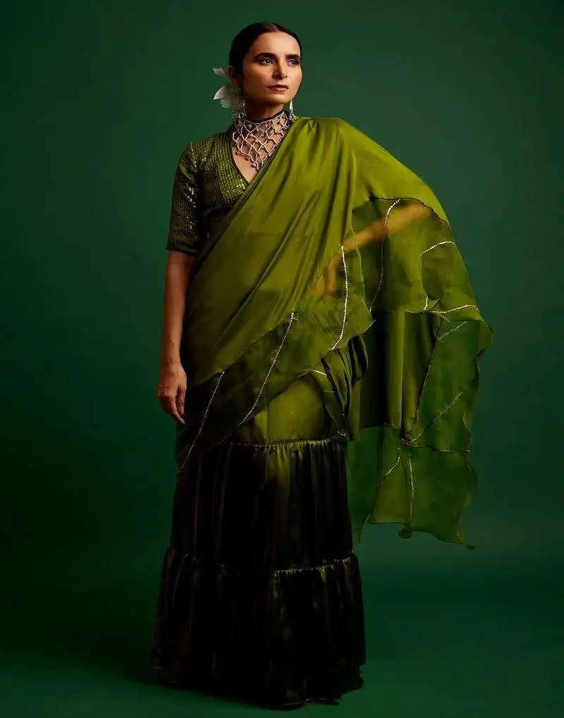 Olive embroidered silk saree