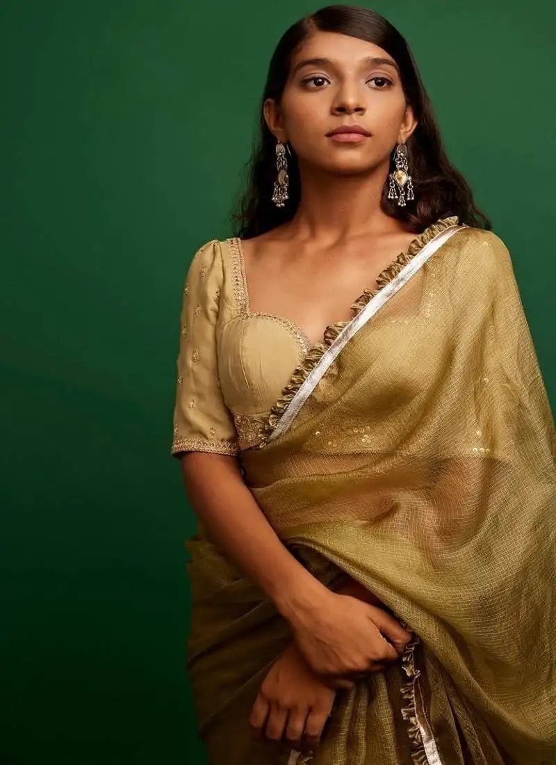 Dark olive plain silk saree saree with belt