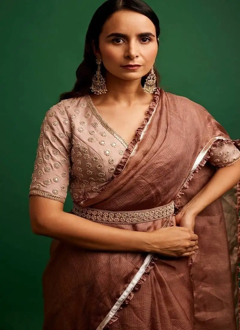 Rose pink embroidered silk saree saree with belt