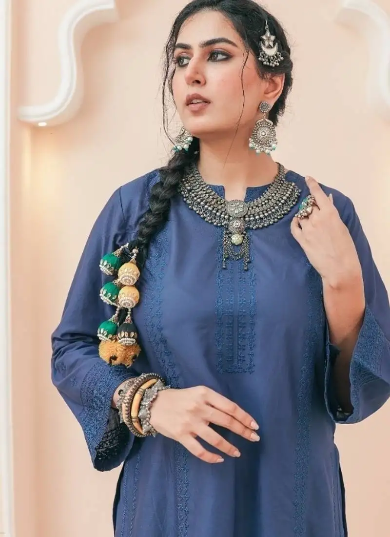 Navy blue lawn embroidered co-ord set stitched