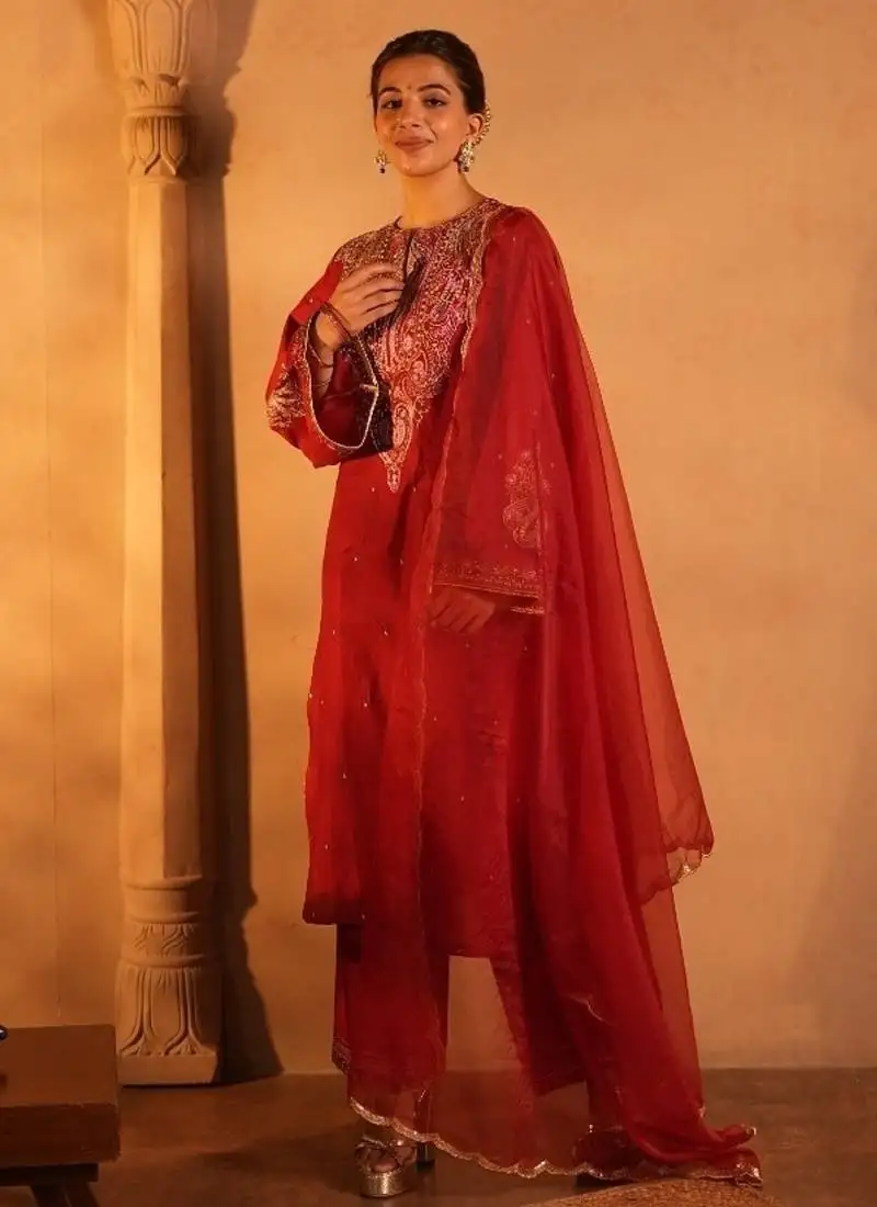 Red lawn embroidered co-ord set stitched