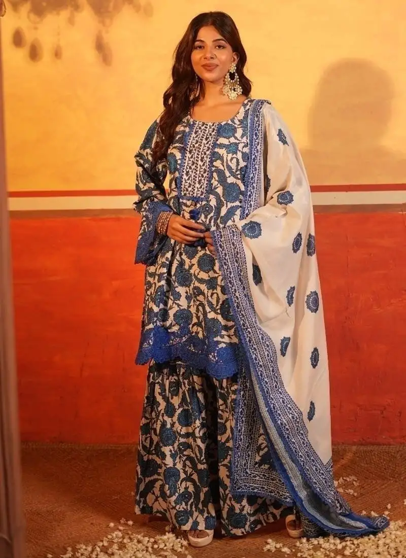 Blue flower print garara set stitched