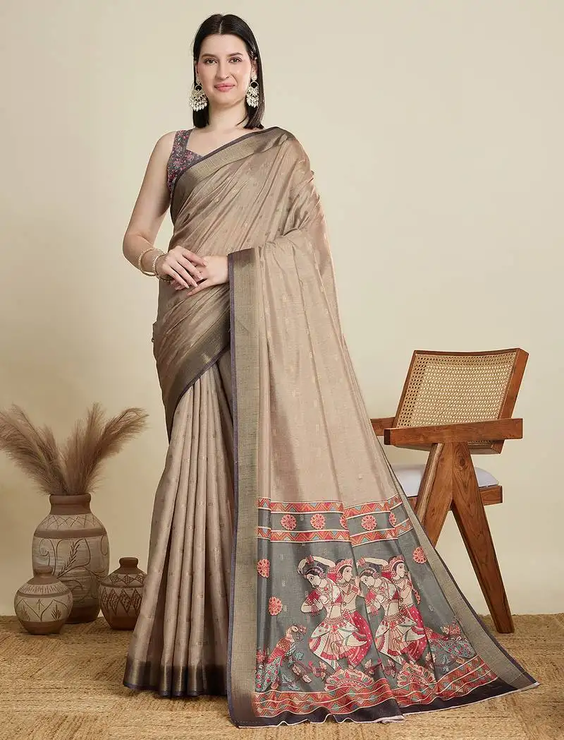 Beige cotton woven border and printed saree