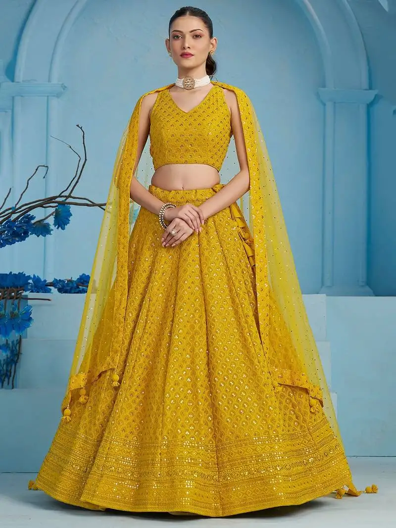 Yellow sequins work georgette lehenga choli