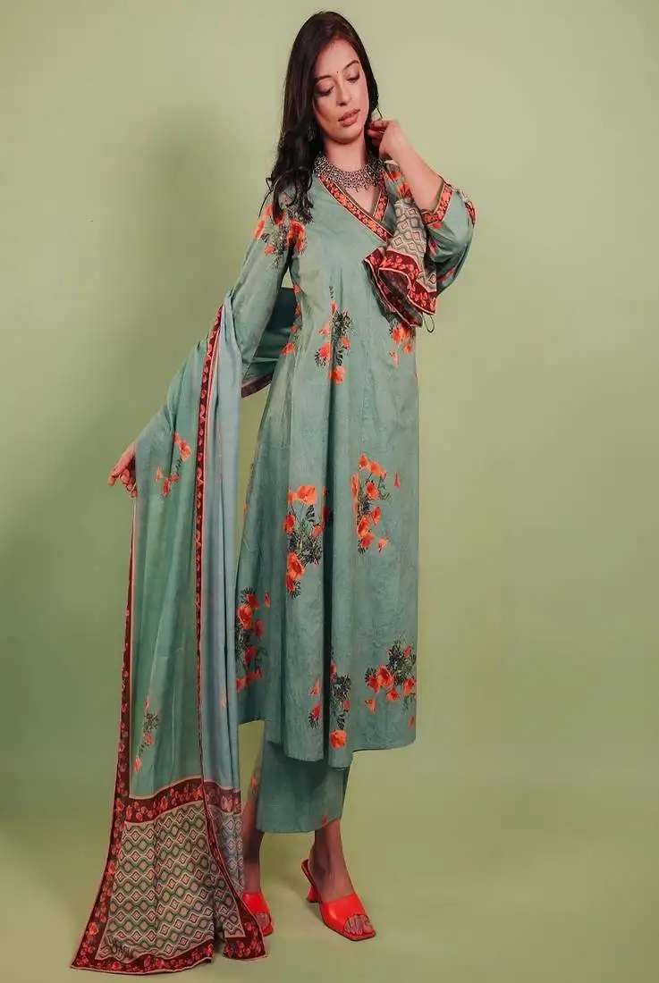 The set includes a classic anghrakha-style kurta straight pants stitched