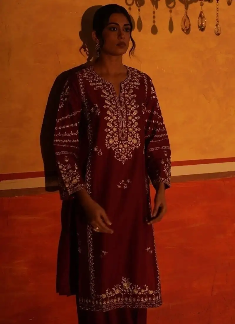 3 pc lawn kurta set in a stunning red shade beautifully crafted kurta straight pants and a dupatta stitched