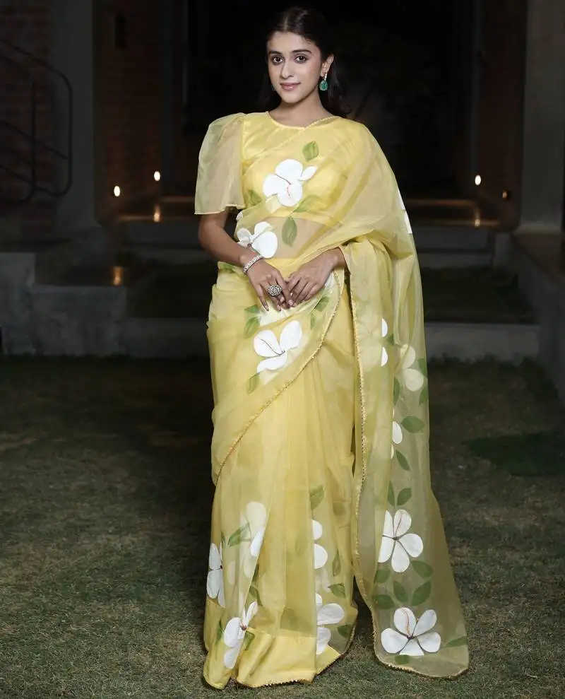 Yellow organza hand printed saree