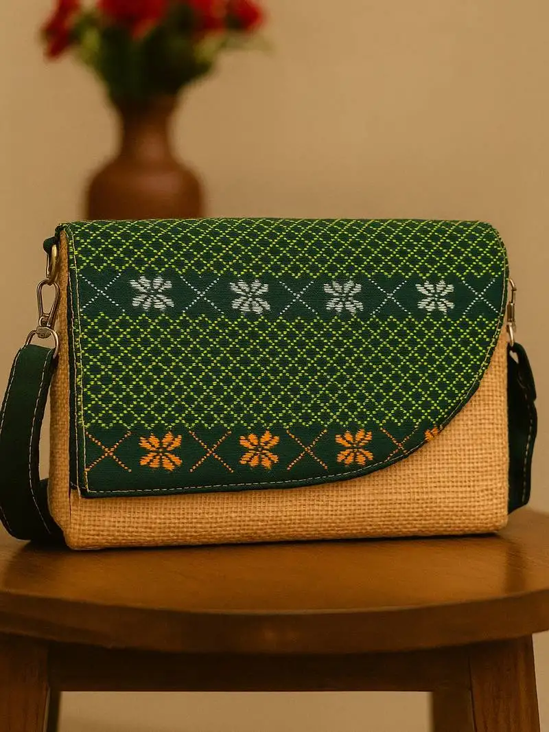 Beige structured jute sling bag