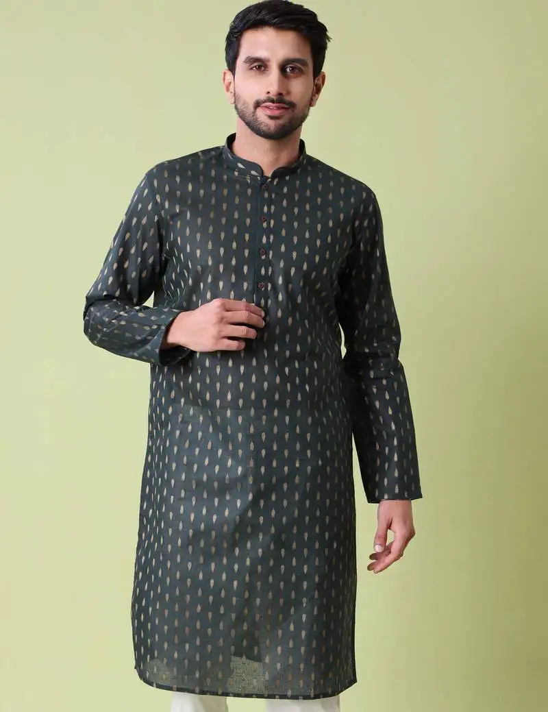 Ethnic motifs printed band collar pure cotton straight kurta