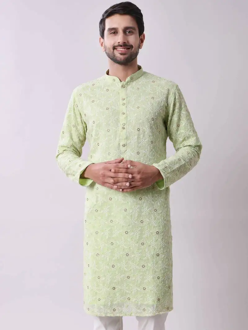 Men's floral embroidered mandarin collar chikankari georgette kurta