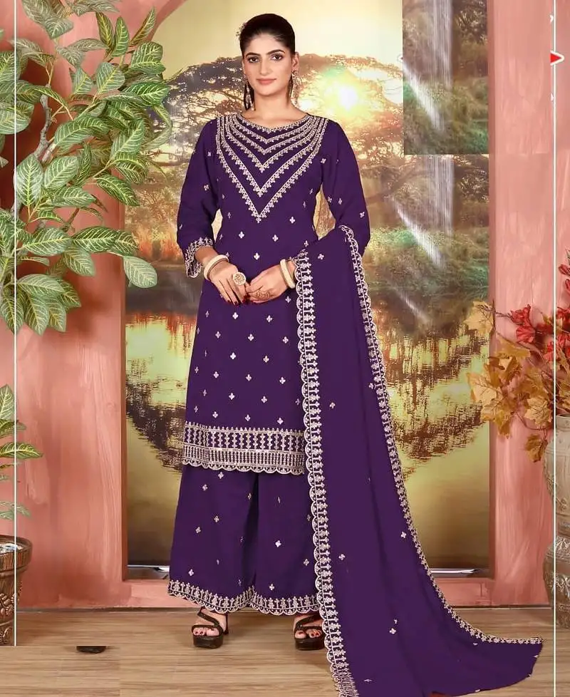 Navy blue silk wedding semi stitched palazzo set