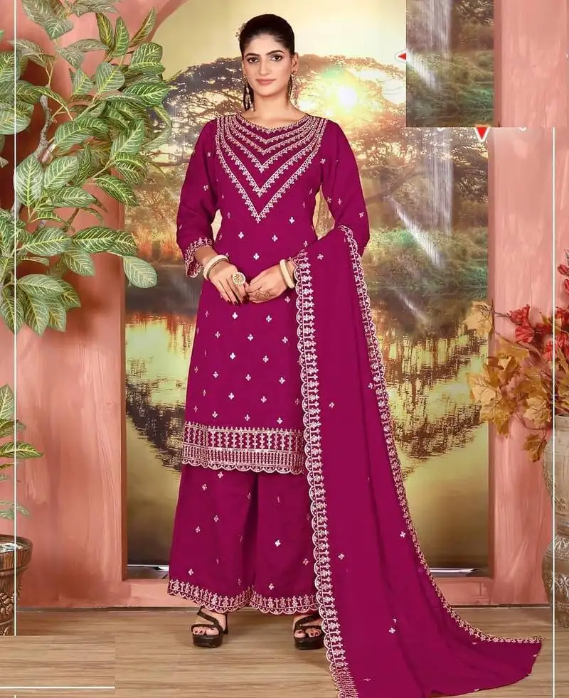 Magenta silk wedding semi stitched palazzo set