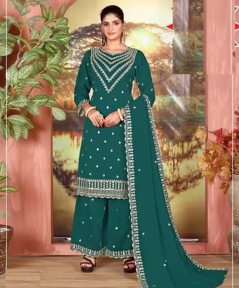 Teal silk wedding semi stitched palazzo set