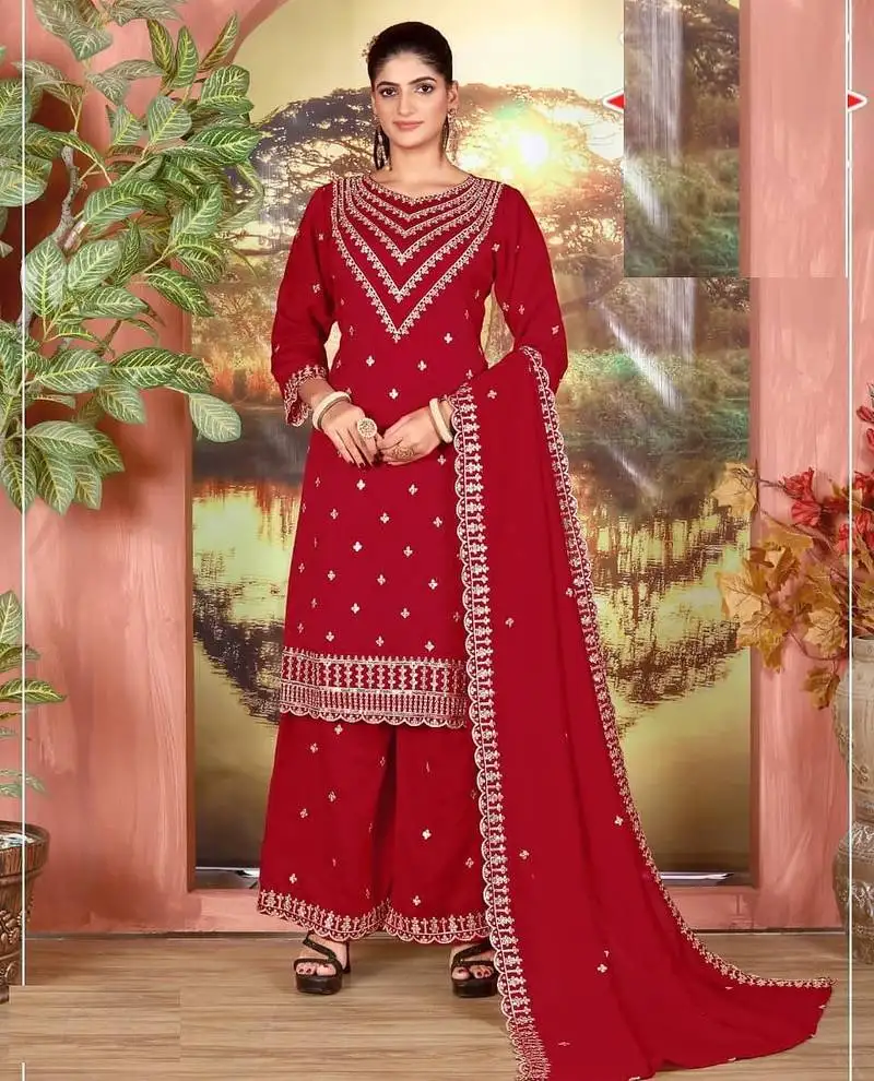 Red silk wedding semi stitched palazzo set