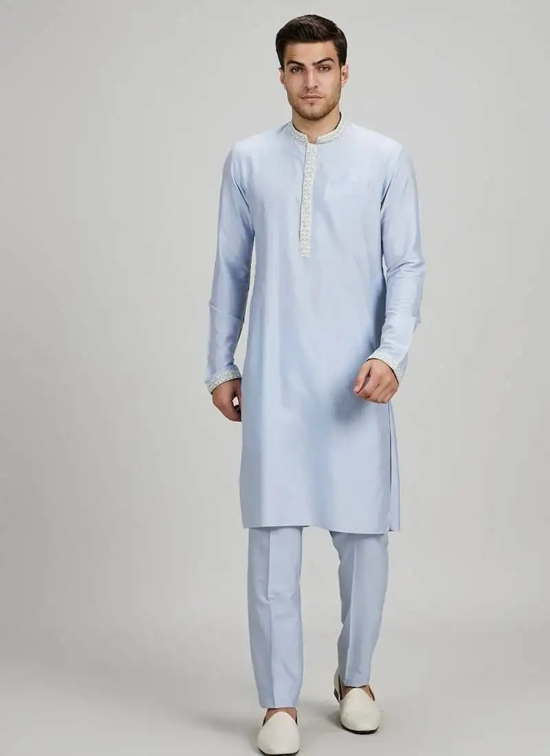 Blue woven cotton silk kurta set