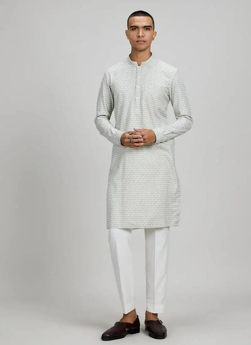 Off white woven cotton kurta set