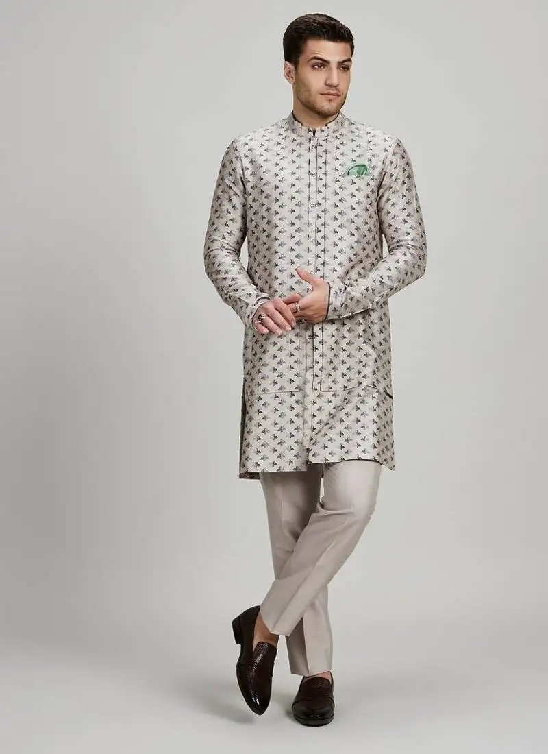 Light grey woven cotton kurta set