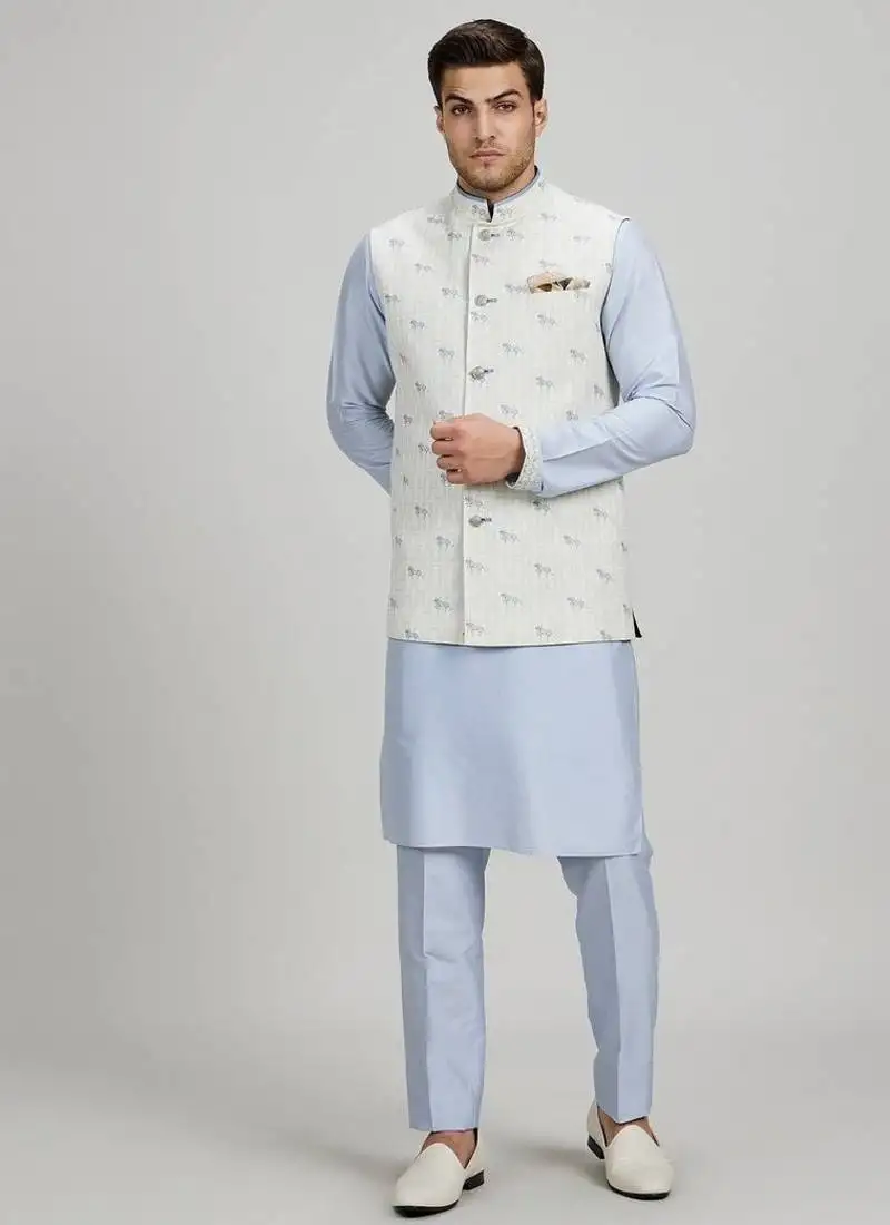 White woven cotton nehru jacket