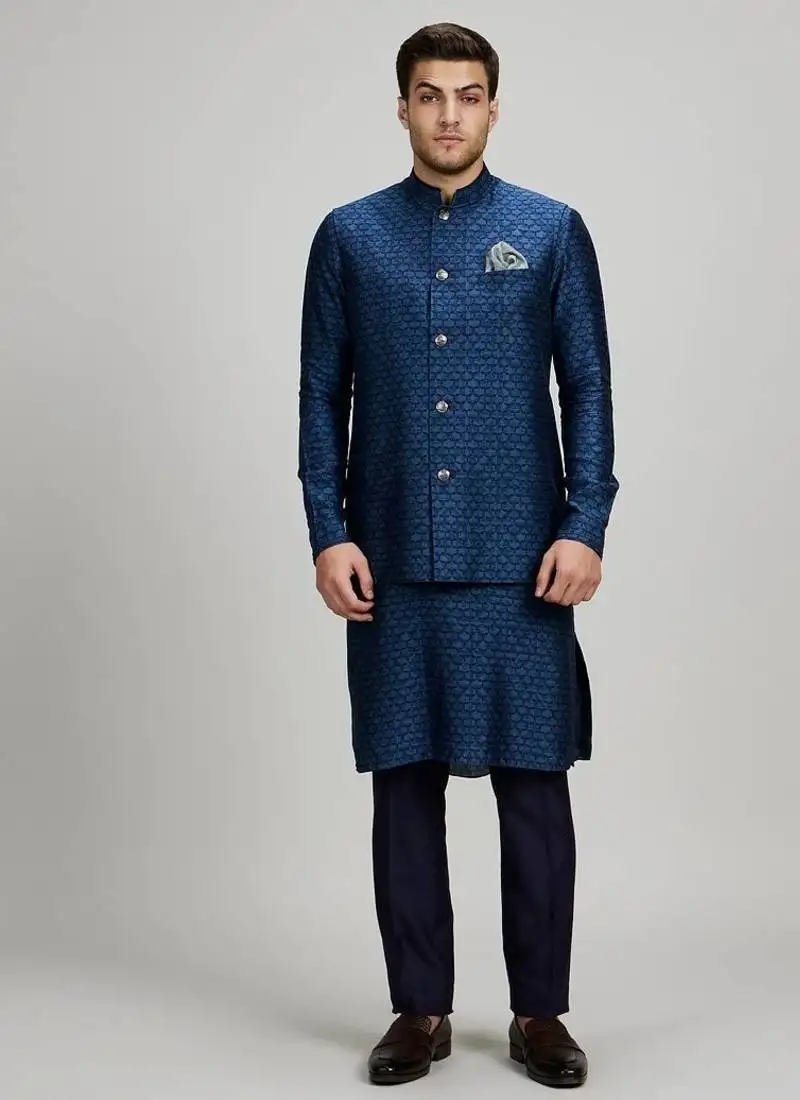 Teal blue woven cotton nehru jacket