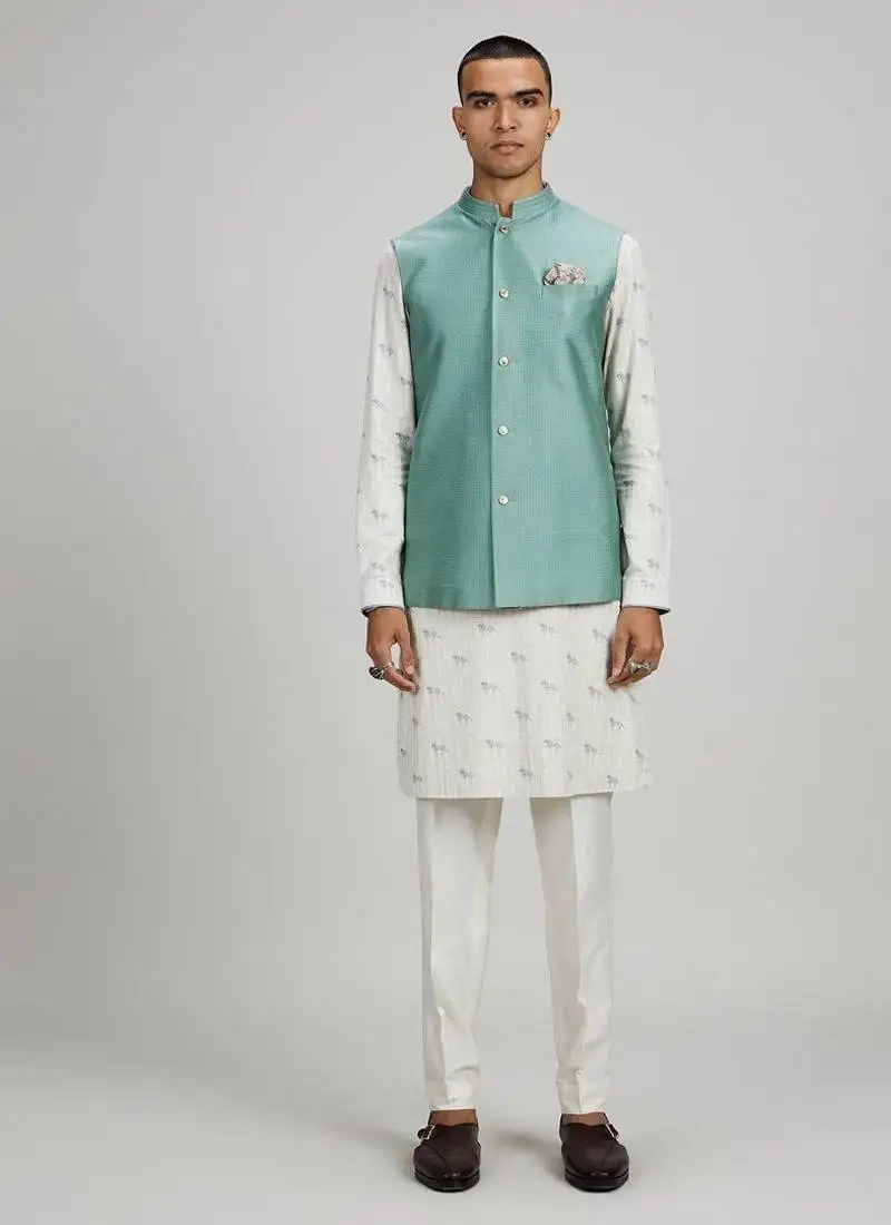 Sage green woven cotton nehru jacket
