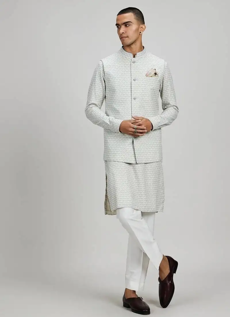 Off white woven cotton nehru jacket