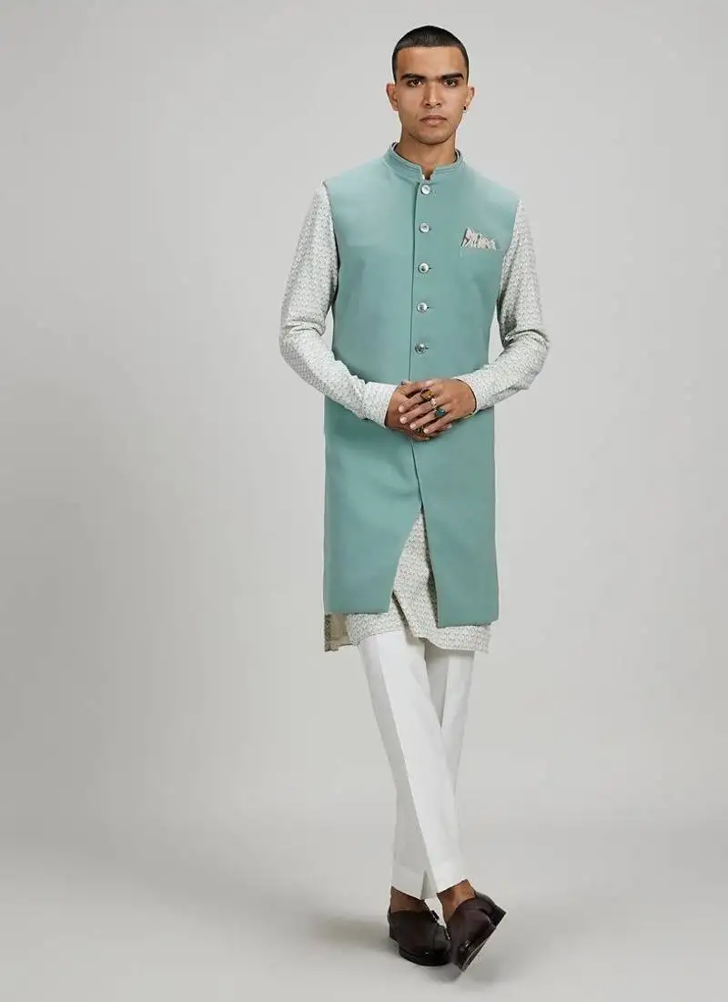 Sage green plain woven sherwani jacket