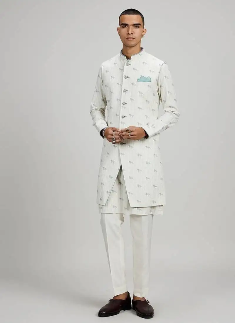 Cream woven cotton sherwani jacket