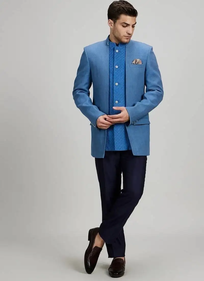 Blue matka silk woven bandhgala jacket