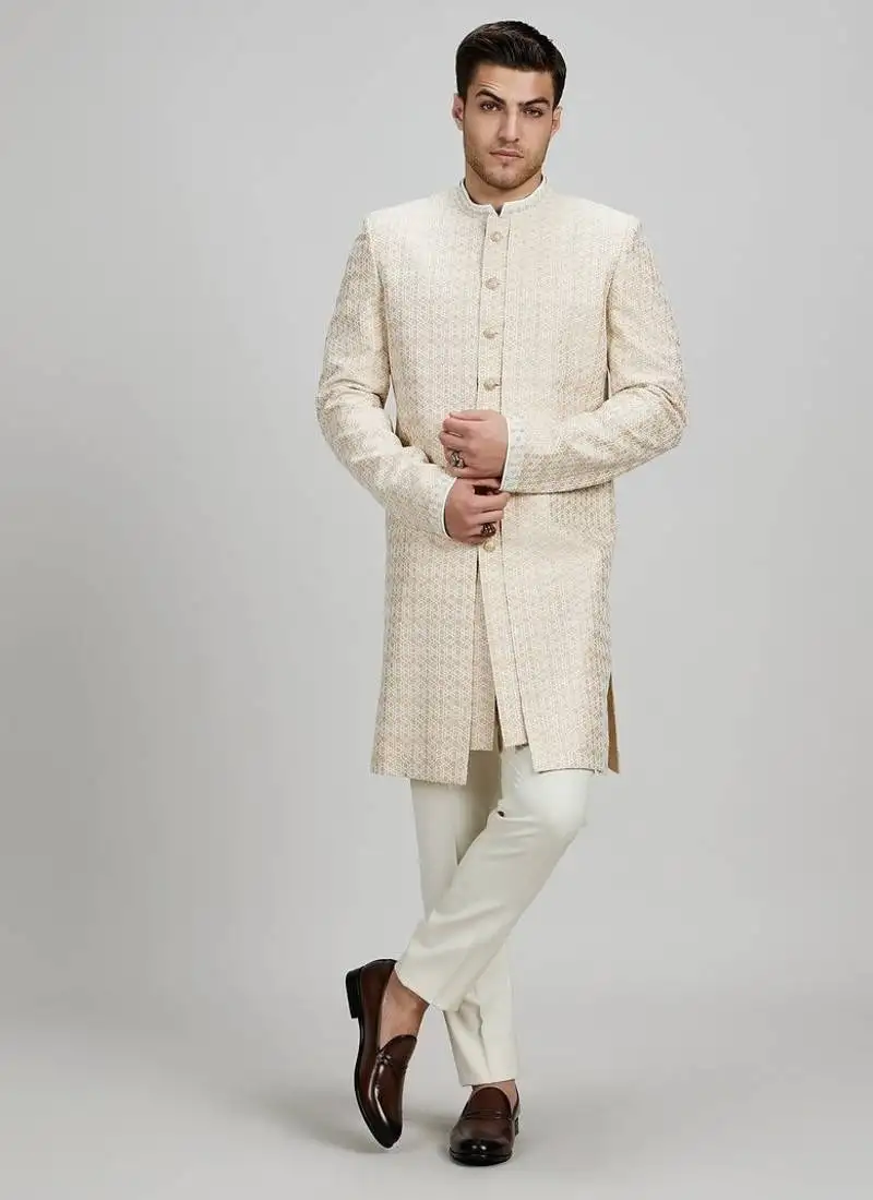 Off white woven silk sherwani jacket