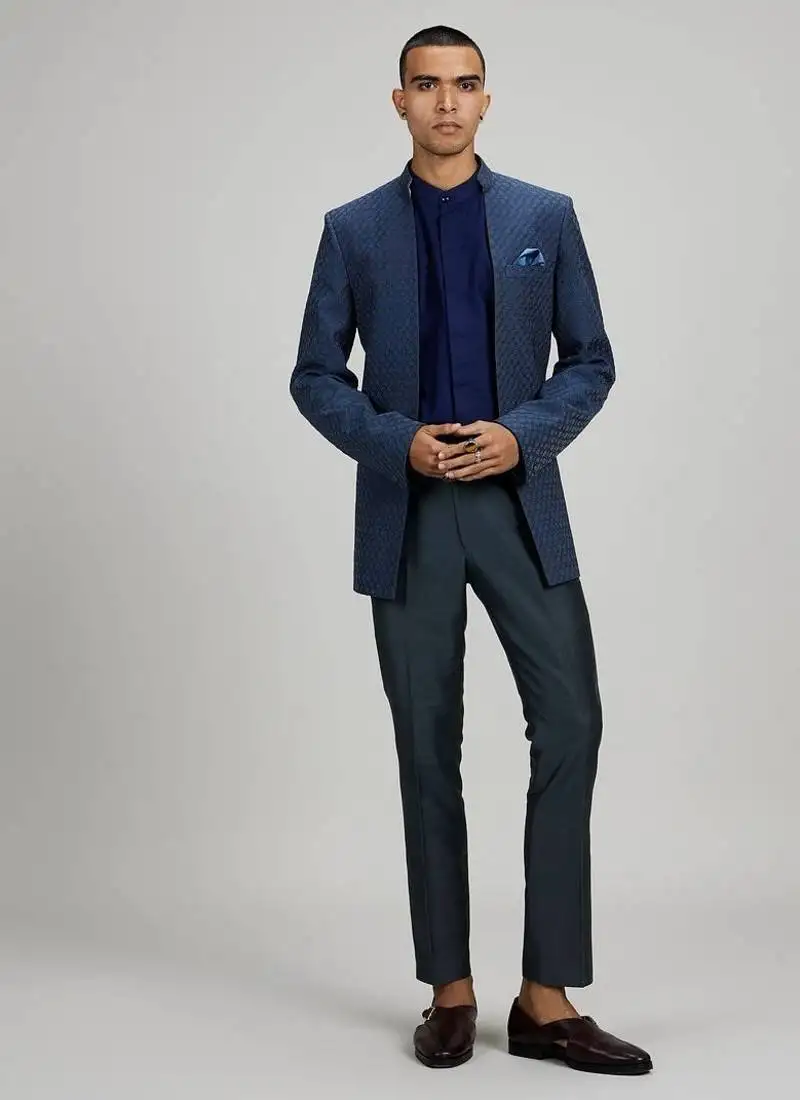 Dark blue plain woven bandhgala jacket