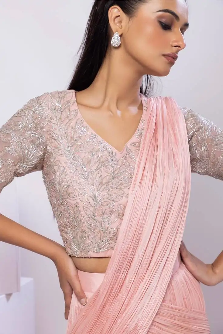 Pink plain organza saree with belt