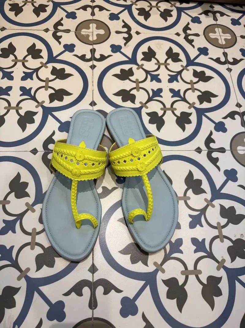 Sky blue and neon yellow kolhapuri