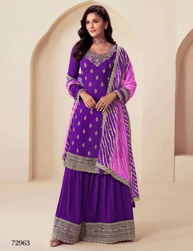 Purple chinon heavy embroidery semi stitched wedding palazzo suits