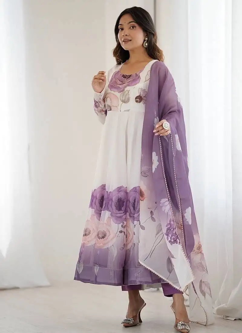 Violet soft organza silk with floral print fully flared anarkali pant with dupatta set stitched