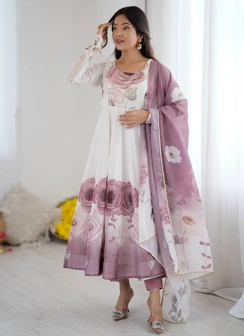 Onionpink soft organza silk with floral print fully flared anarkali pant with dupatta set stitched