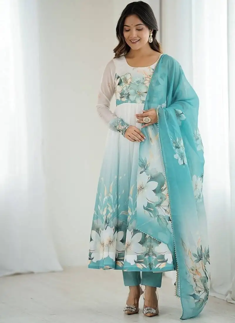 Aquablue soft organza silk with floral print fully flared anarkali pant with dupatta set stitched