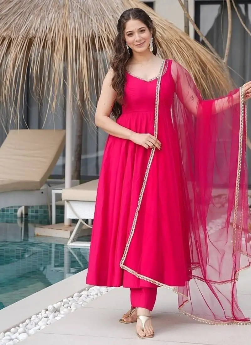 Ranipink pure romansilk chanderi plain fully flair anarkali suit stitched