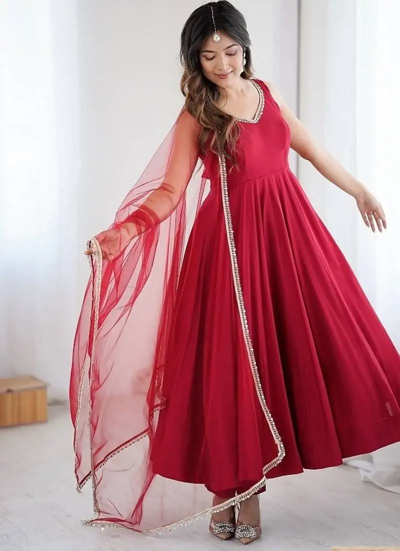 Maroon pure romansilk chanderi plain fully flair anarkali suit stitched