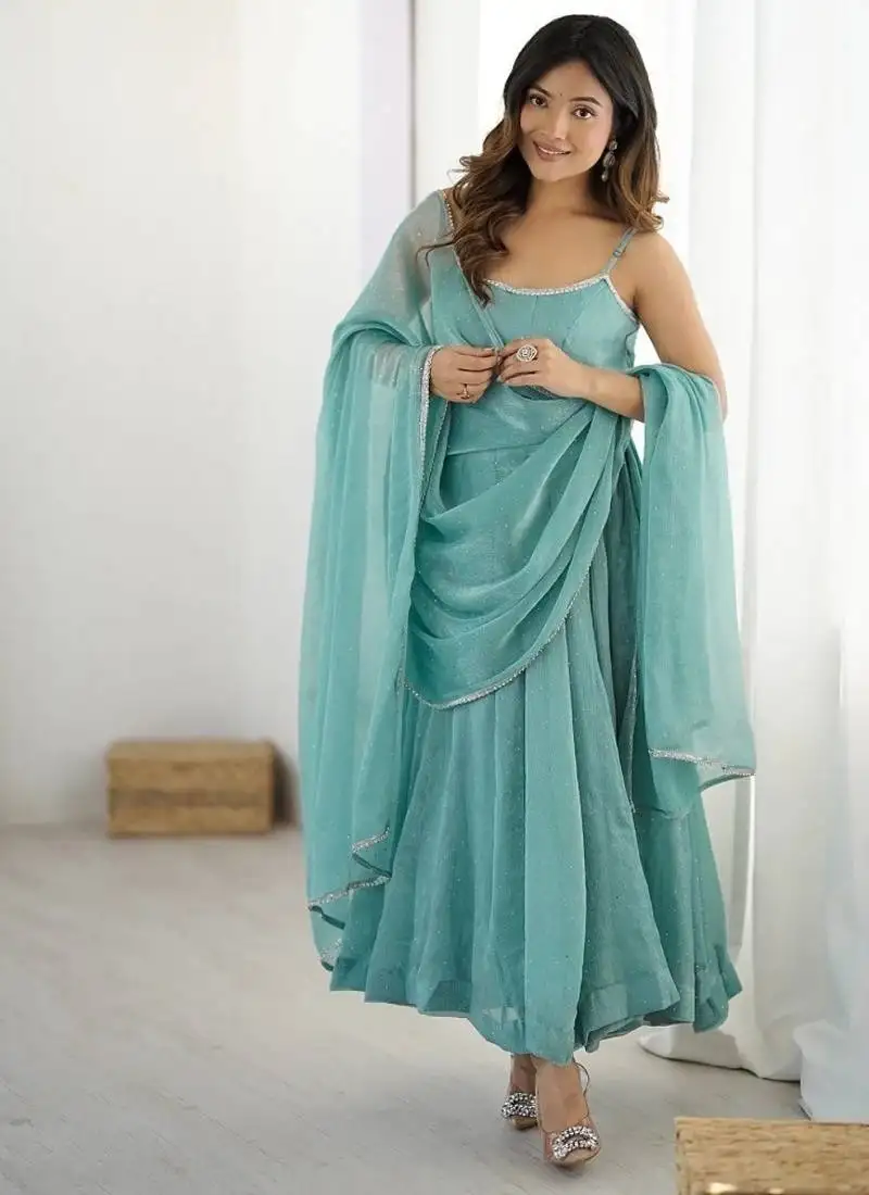 Skyblue pure crunchy silk plain with siroski work anarkali set stitched