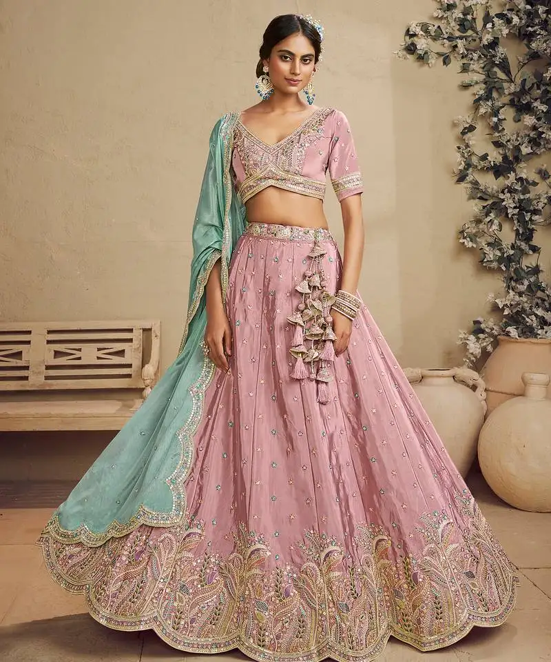 Pink satin silk sequins embroidery semi stitched lehenga choli dupatta