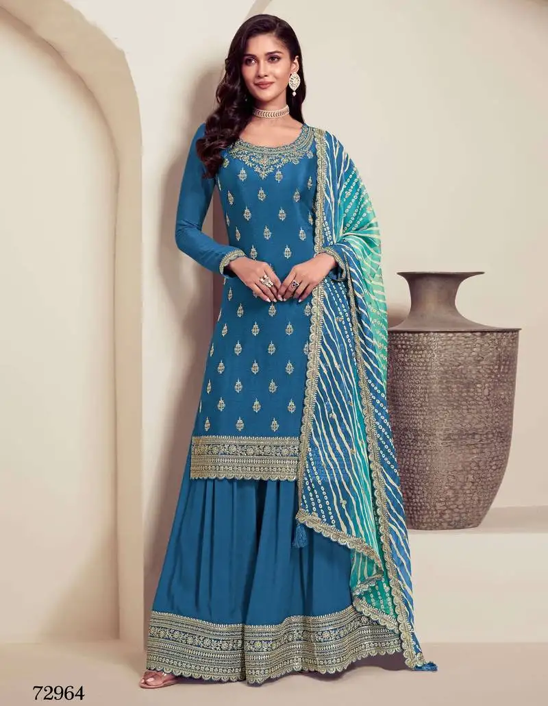Blue chinon heavy embroidery semi stitched wedding palazzo suits