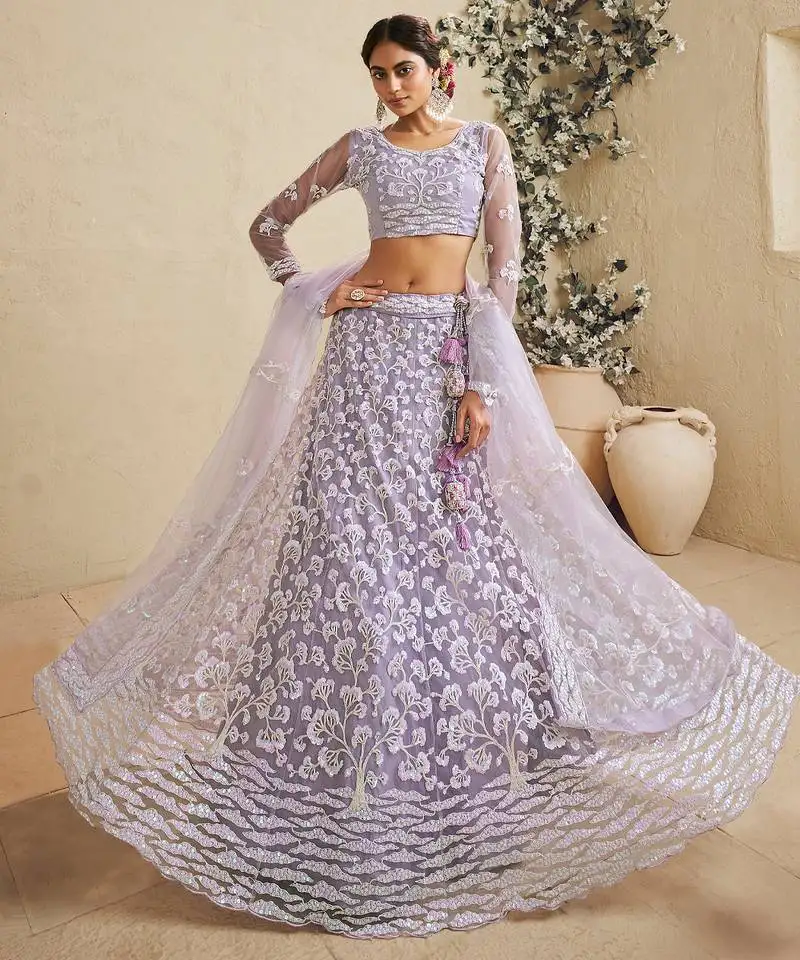 Lavender net sequins embroidery semi stitched lehenga choli dupatta