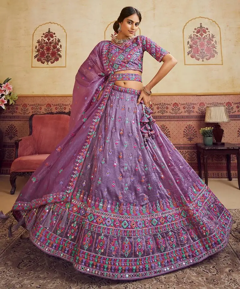 Lavender organza sequins embroidery semi stitched lehenga choli dupatta