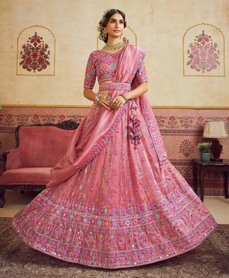Pink organza sequins embroidery semi stitched lehenga choli dupatta