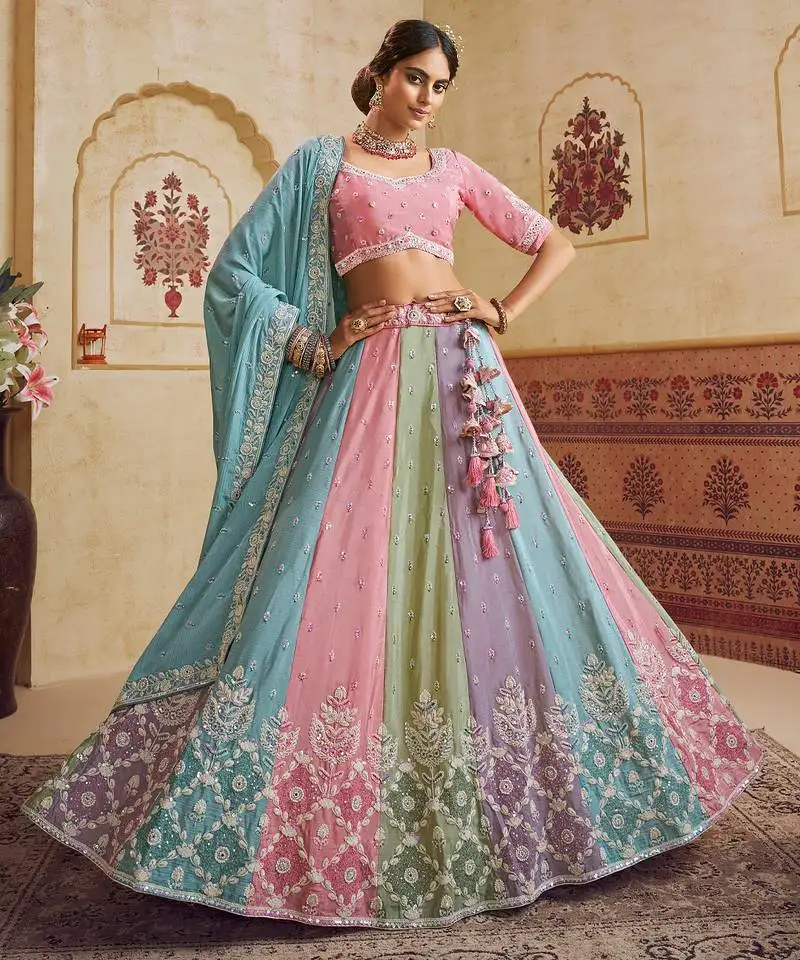Turquoise blue poly chiffon sequins embroidery semi stitched lehenga choli dupatta