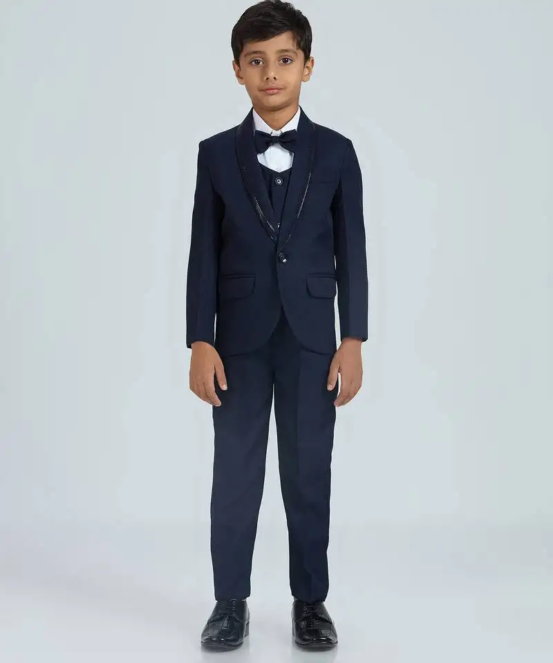 Sequence suit set full sleeves blazer, shirt, pant and waist coat with bow tie - navy blue