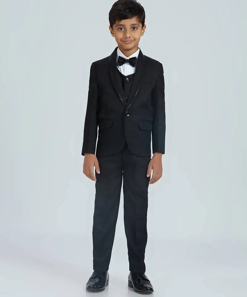 Sequence suit set full sleeves blazer, shirt, pant and waist coat with bow tie - black