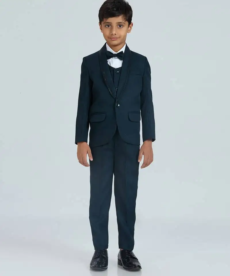 Charm in sequence suit set full sleeves blazer, shirt, pant and waist coat with bow tie - tblue