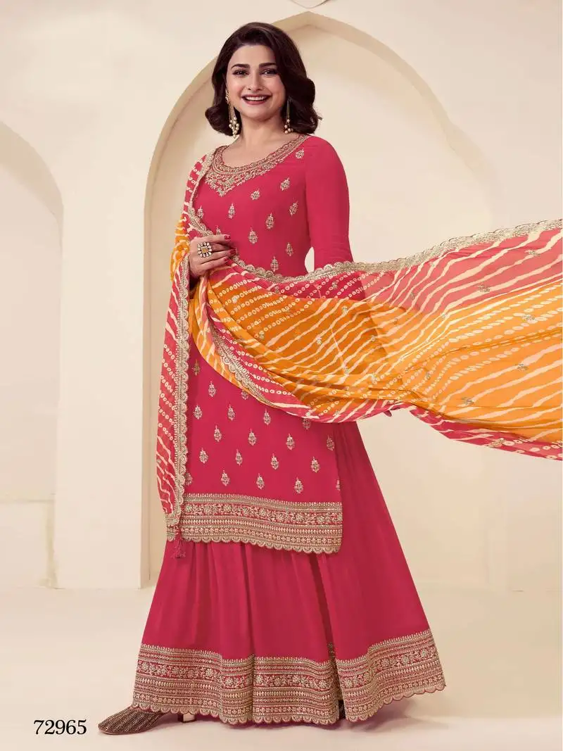 Red chinon heavy embroidery semi stitched wedding palazzo suits