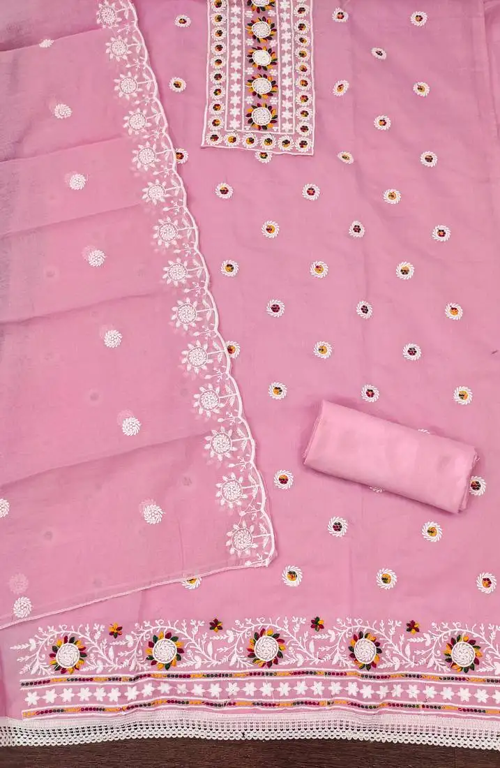 Women's pink unstitched heavy thread embroidery chanderi cotton dress material (cp9096pnk)
